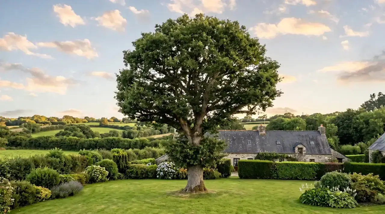 Illustration : grand chêne dans un jardin breton, bocage en arrière-plan