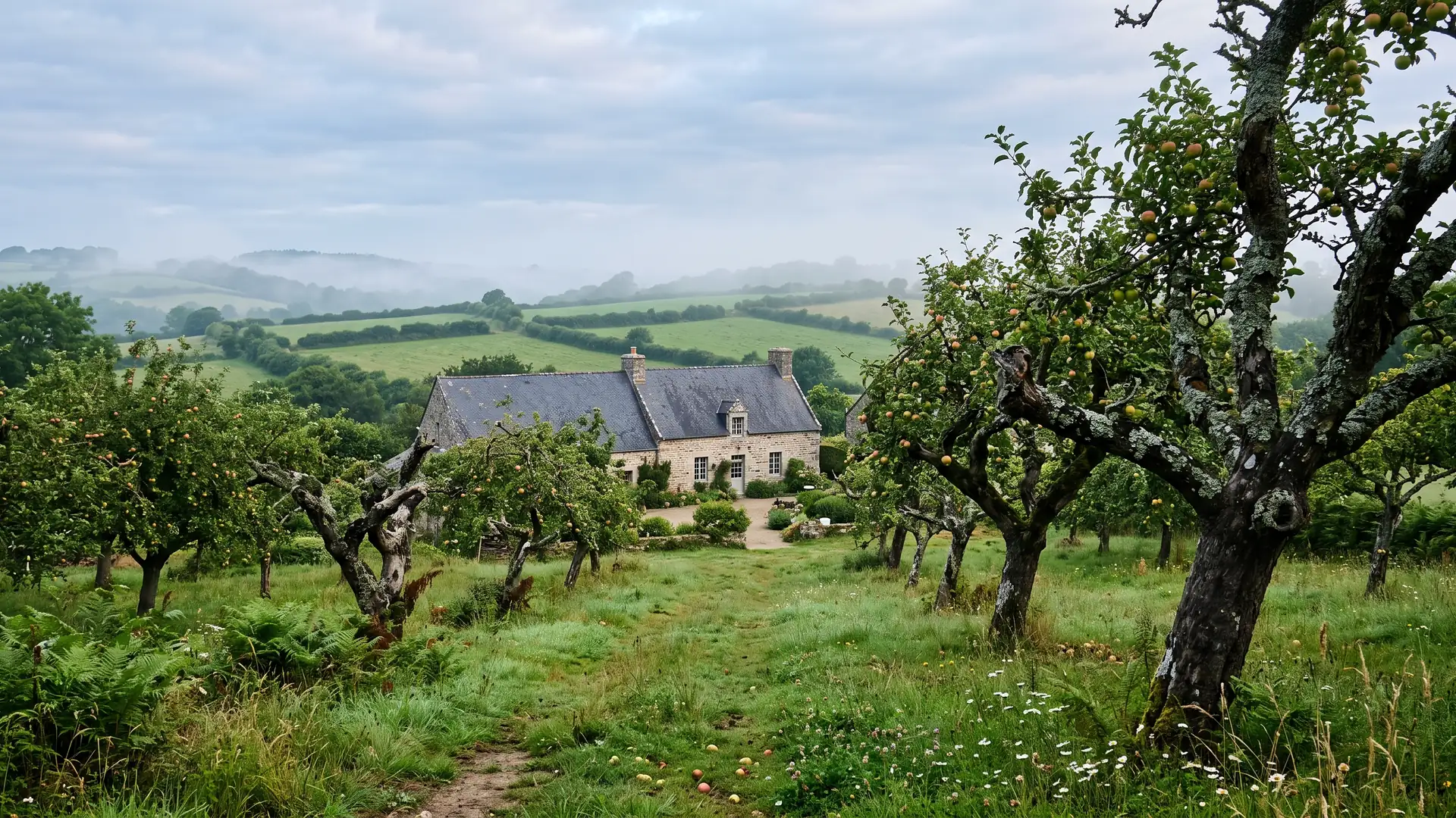 Illustration : verger de pommiers et longère en granit dans le bocage breton
