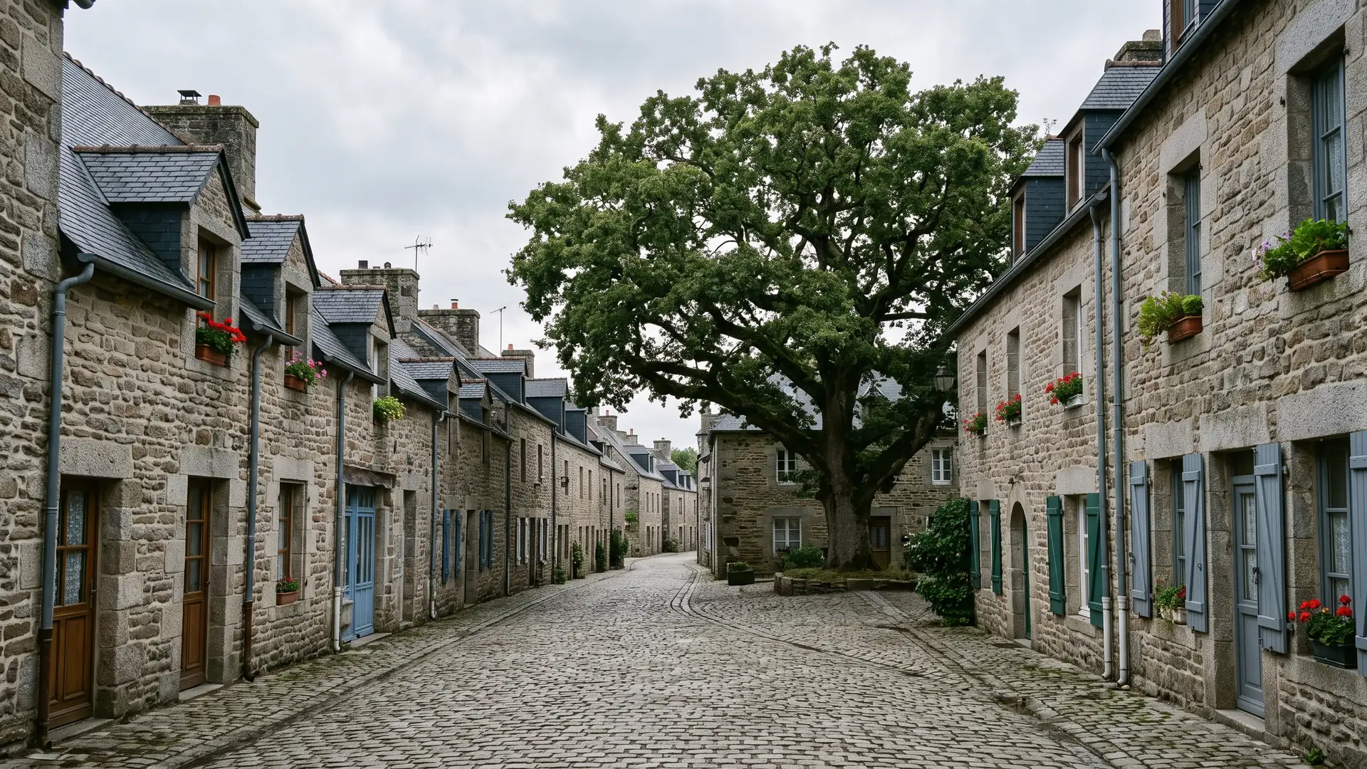 Illustration : rue de maisons en granit et grand chêne dans un bourg breton