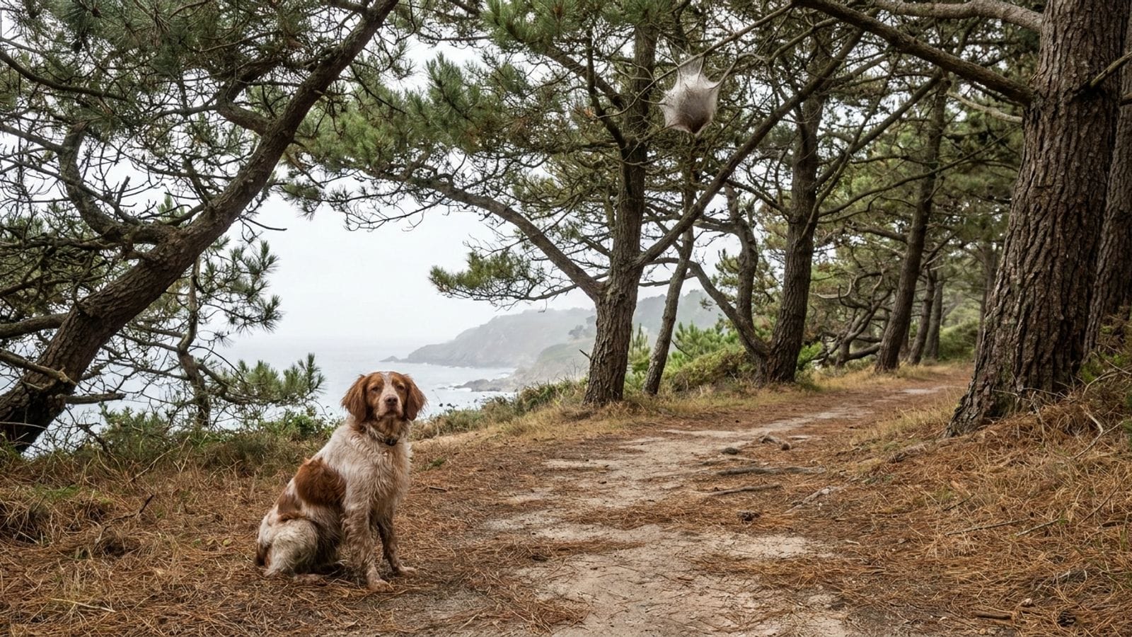 Illustration : un chien assis sur un sentier sous des pins maritimes, un nid de chenilles processionnaires dans une branche