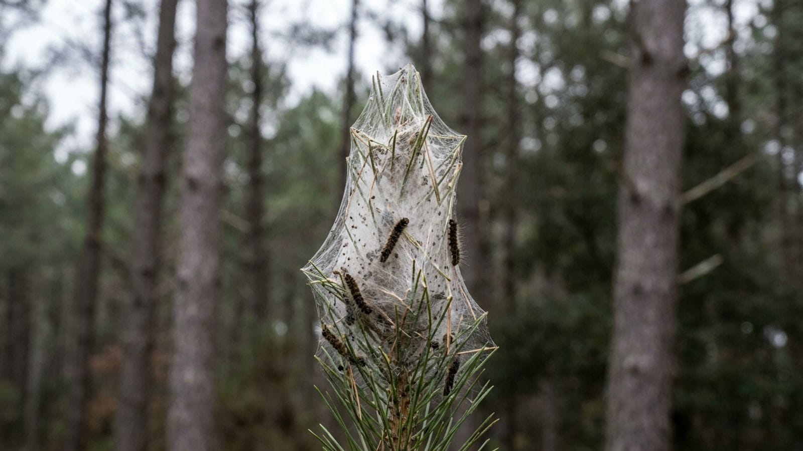 Illustration : un nid de chenilles processionnaires en soie blanche au bout d'une branche de pin
