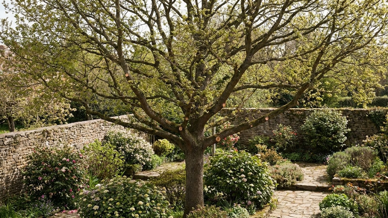 Illustration : un arbre au houppier équilibré après une taille légère, dans un jardin clos de murs de pierre