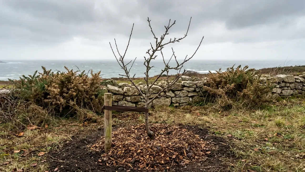 Illustration : jeune arbre fruitier tout juste planté près de la mer, avec un tuteur et un paillage de broyat au pied