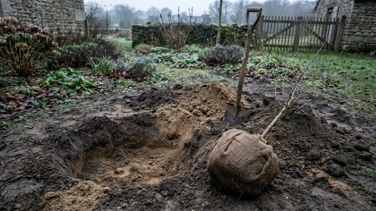 Illustration : trou de plantation large et décompacté, à côté de la motte d'un jeune arbre fruitier