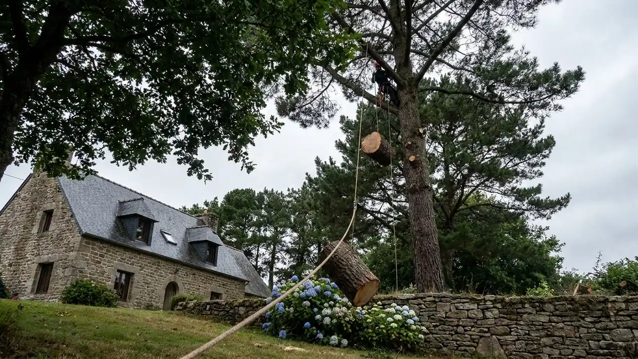 Illustration : grand pin maritime démonté par sections près d'une maison en granit du Finistère Sud