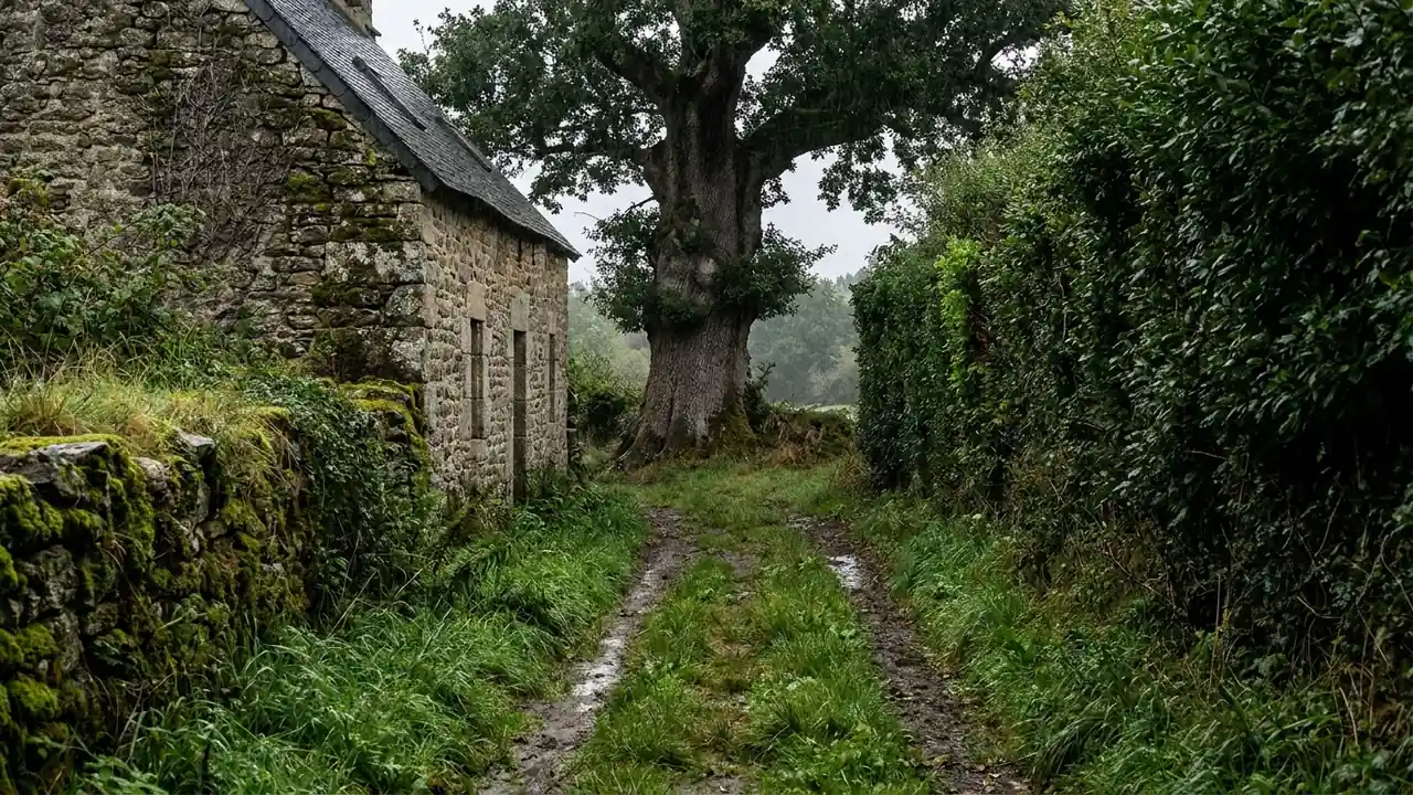 Illustration : accès étroit entre une maison bretonne et une haie jusqu'au pied d'un chêne