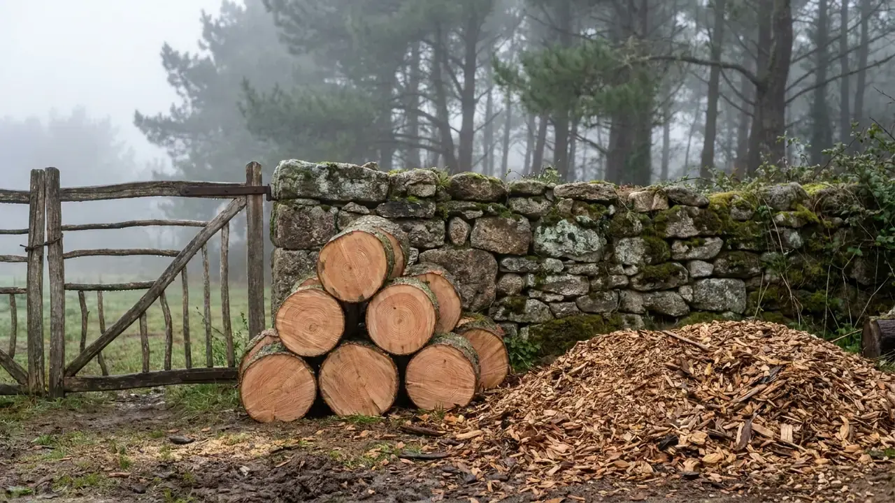 Illustration : tronçons de tronc empilés et copeaux de broyage près d'un portail de jardin breton