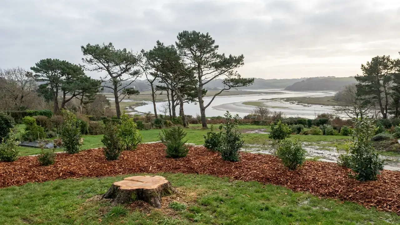 Illustration : souche et paillage de copeaux dans un jardin du littoral après un abattage