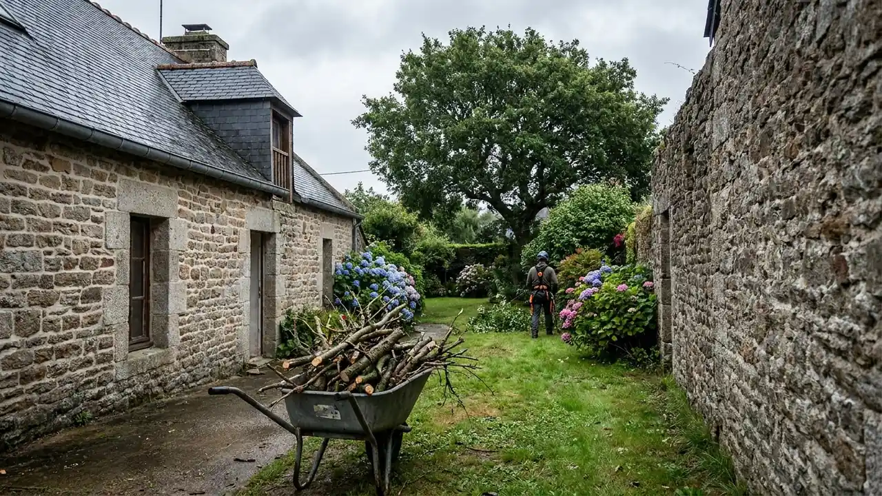 Illustration : passage étroit vers un jardin clos derrière une maison en granit, brouette chargée de branches coupées