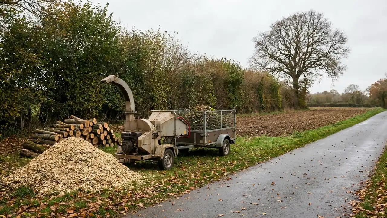 Illustration : broyeur de végétaux et remorque au bord d'un chemin breton, copeaux de bois et bûches rangées