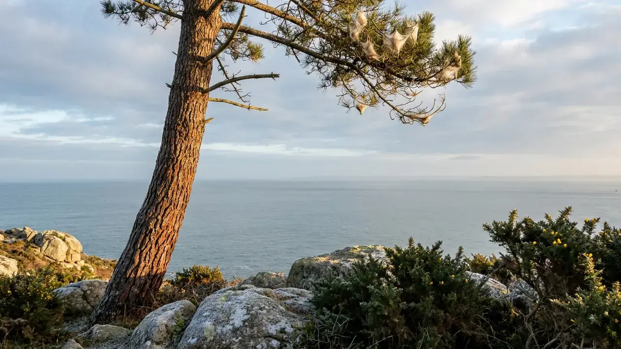 Illustration : nids de chenilles processionnaires en bout de branche sur un pin maritime du littoral du Finistère Sud