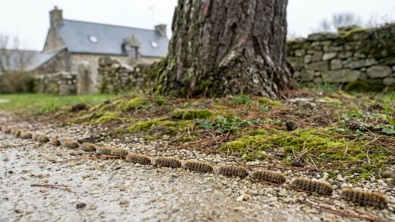 Illustration : procession de chenilles processionnaires traversant une allée de jardin au pied d'un pin, en fin d'hiver
